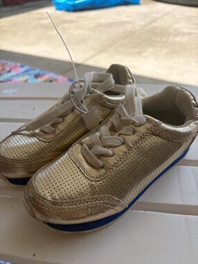 Stevies Metallic Gold Lace-Up Kids Sneakers with Blue Trim Size 13